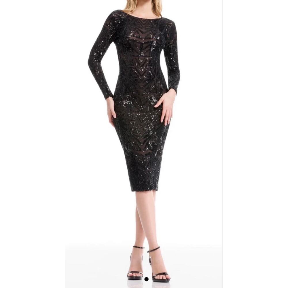 Dress the Population Emery Long Sleeve Sequin Midi Dress Black/Nude Size XXL New